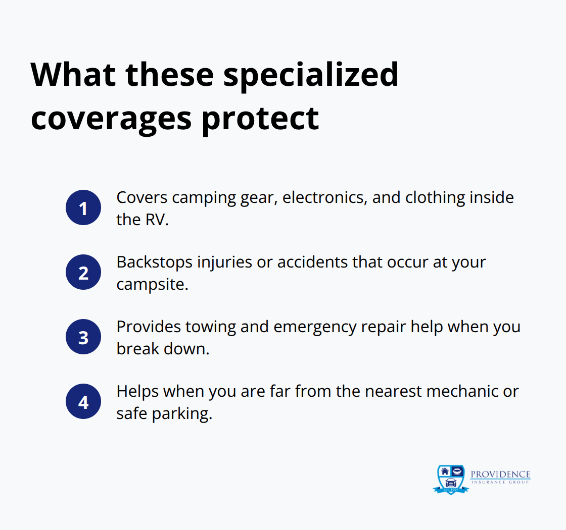 Quick list of protections: belongings, vacation liability, and roadside assistance