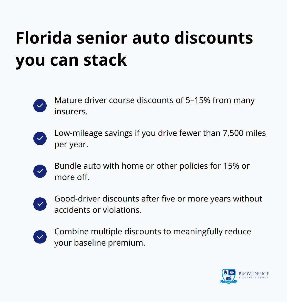 Checklist of stackable auto insurance discounts for Florida seniors - Senior auto quotes Florida